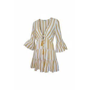 Blue Island Stripe V-Neck Ruffle Tiered Metallic Coverup Dress White Gold Sz XS